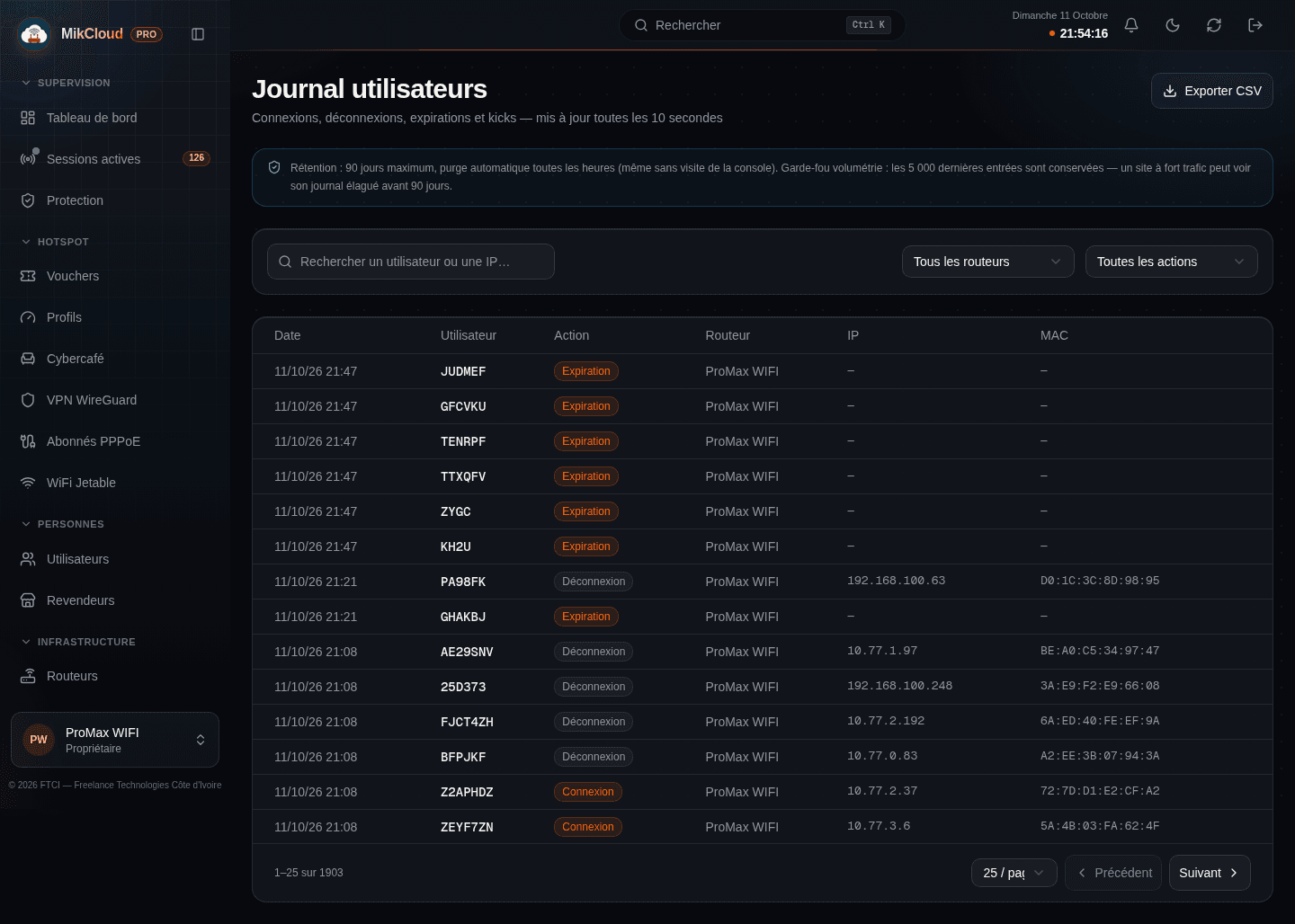 Vue Journal : chronologie des événements du compte avec filtres