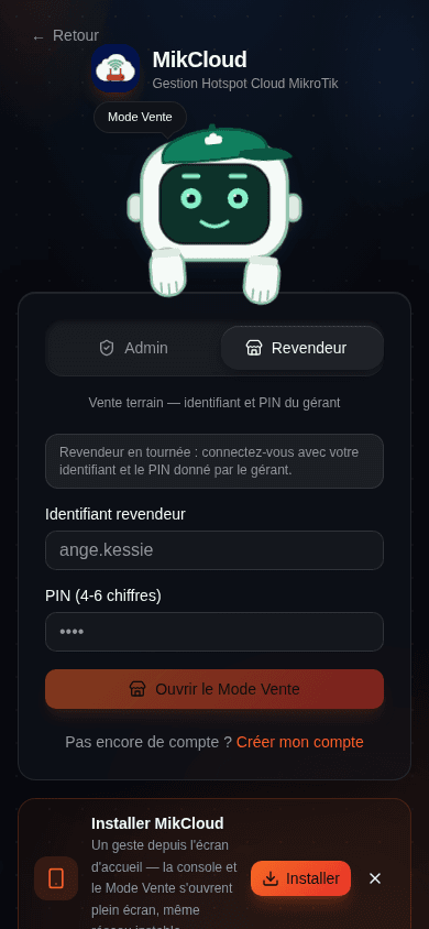 Mode Vente sur téléphone mobile : saisie du PIN revendeur