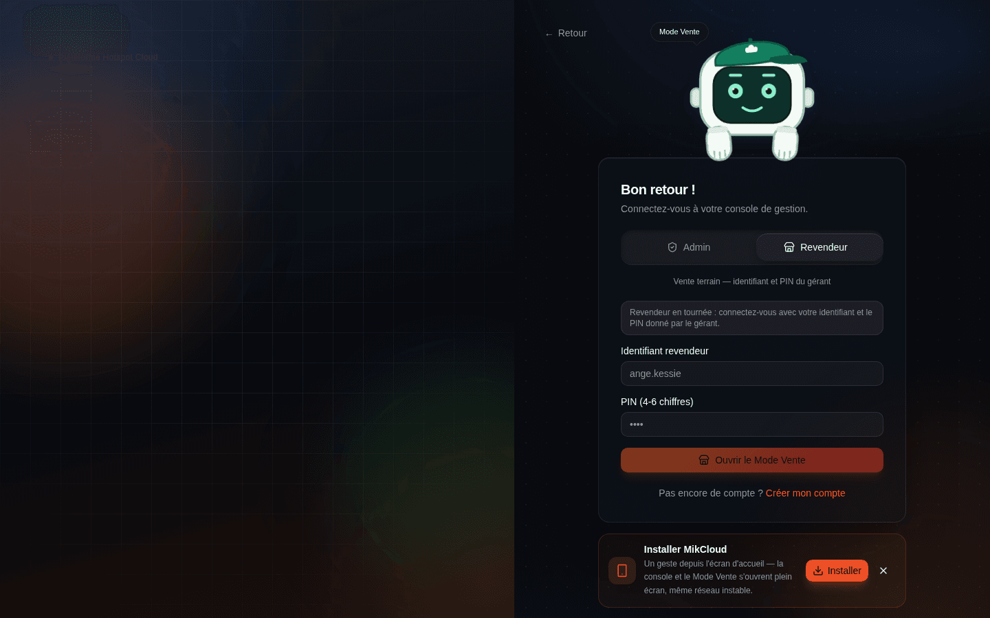 Page de connexion du Mode Vente avec l'onglet Revendeur sélectionné pour la saisie du PIN