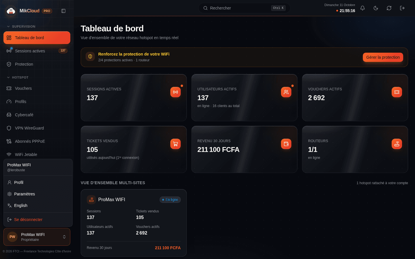 Console 403Shield avec le menu profil ouvert en bas de la barre latérale : Profil, Paramètres, langue, déconnexion