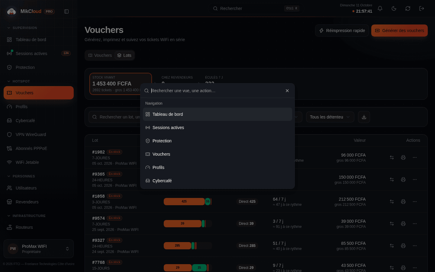 Palette de recherche ouverte par Ctrl+K : groupes Navigation et Actions