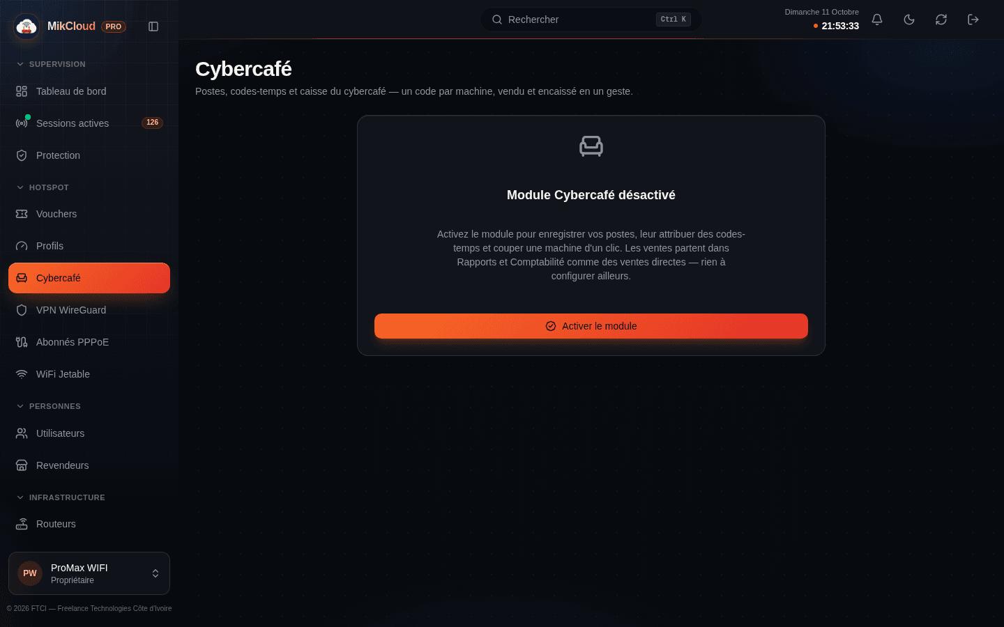 Vue Cybercafé : état du module avec bouton d'activation et présentation de la gestion des postes