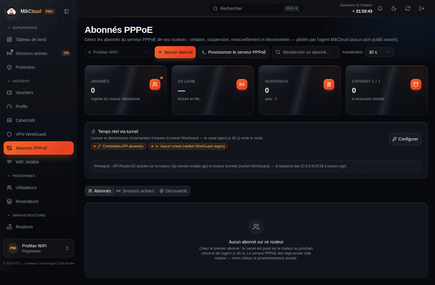 Vue Abonnés PPPoE : onglets Abonnés, Sessions et Découverte avec statistiques