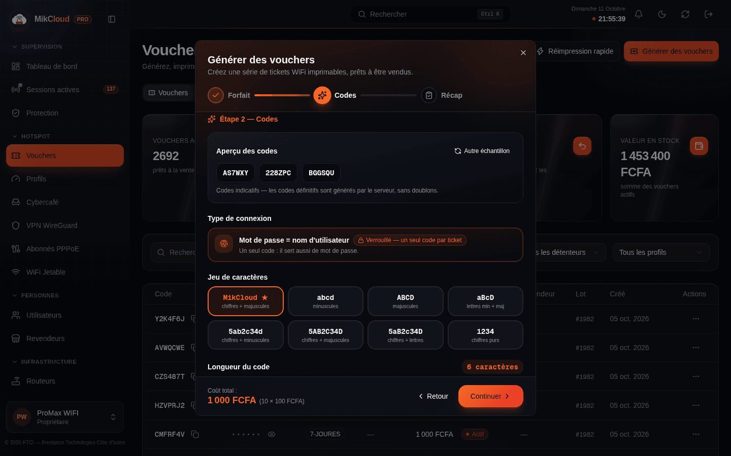 Assistant de génération, étape 2 : échantillon de codes, limites avancées, retour et continuer