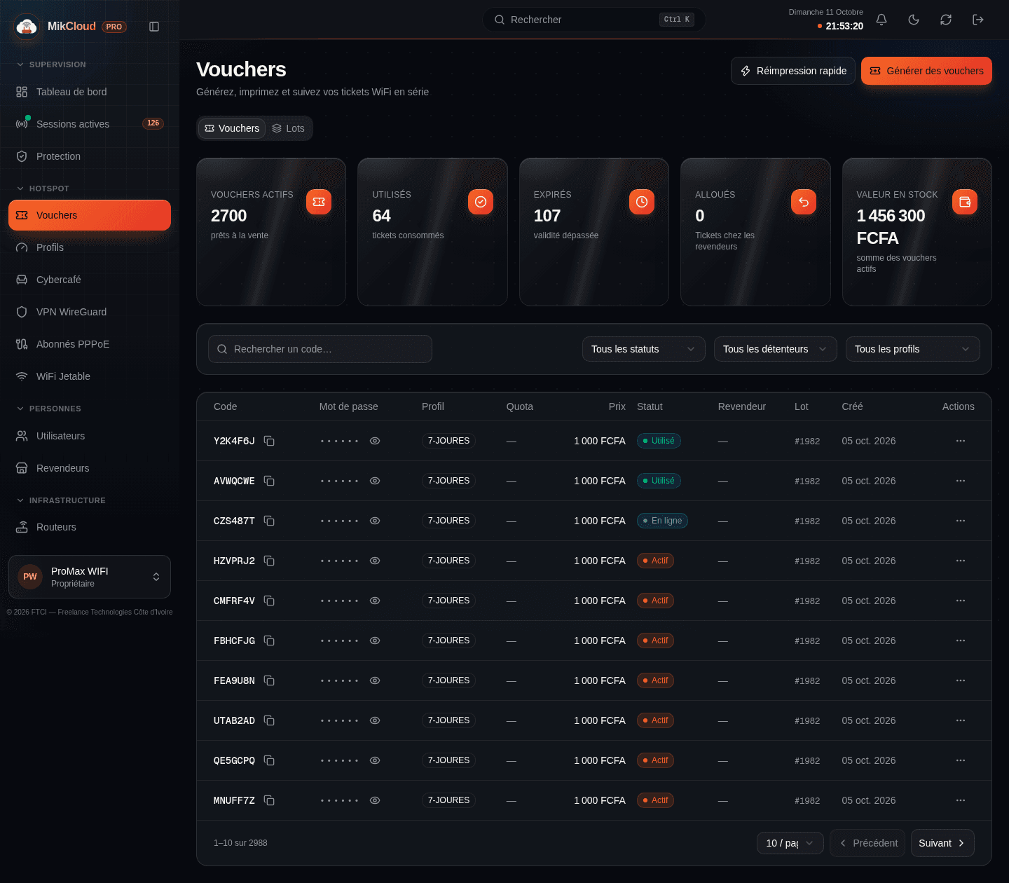 Vue Vouchers : tableau des codes avec statuts, recherche et filtres par statut et détenteur