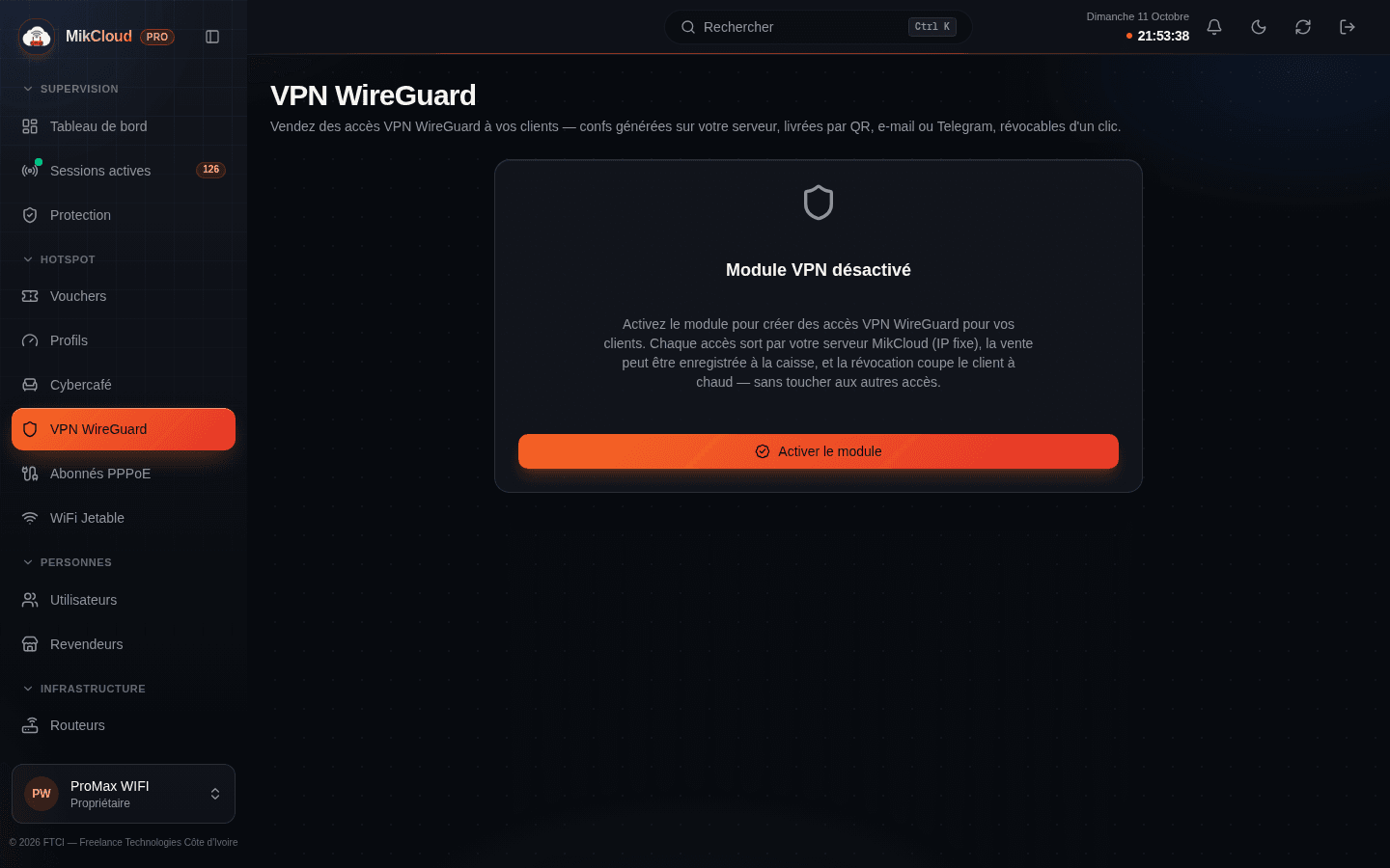 Vue VPN WireGuard : présentation du module avec bouton d'activation
