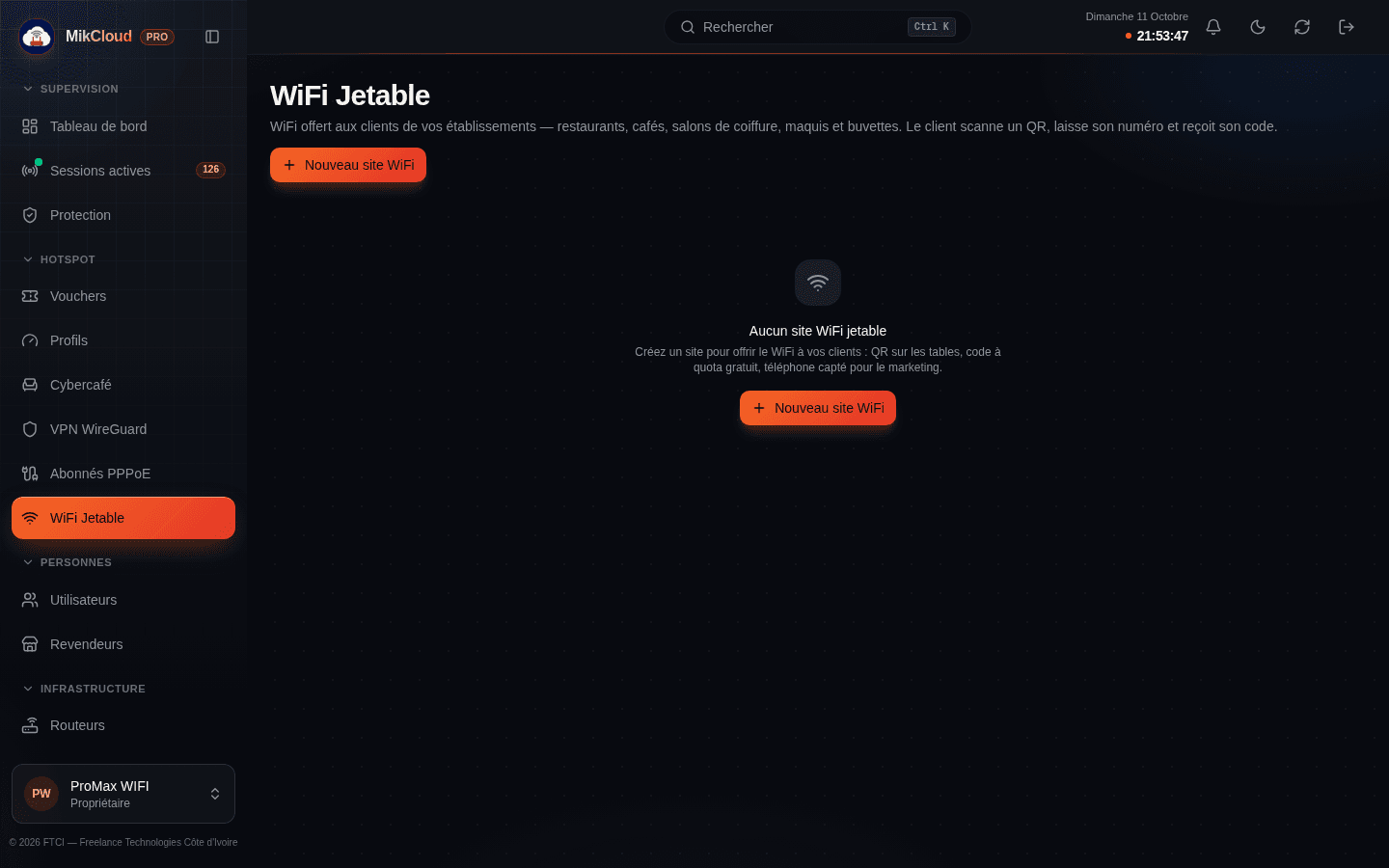 Vue WiFi Jetable : présentation et bouton Nouveau site WiFi