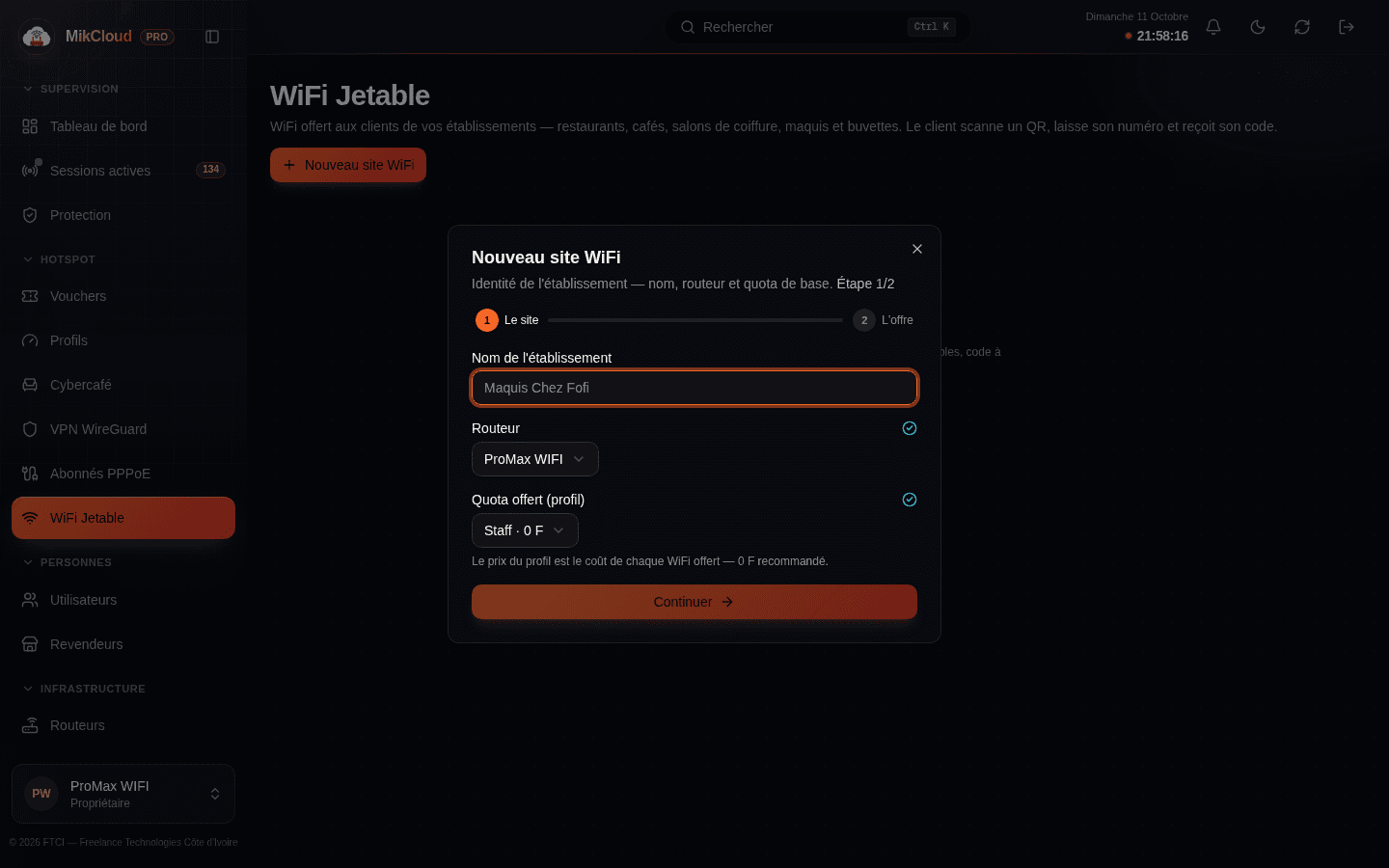 Assistant de création d'un site WiFi jetable