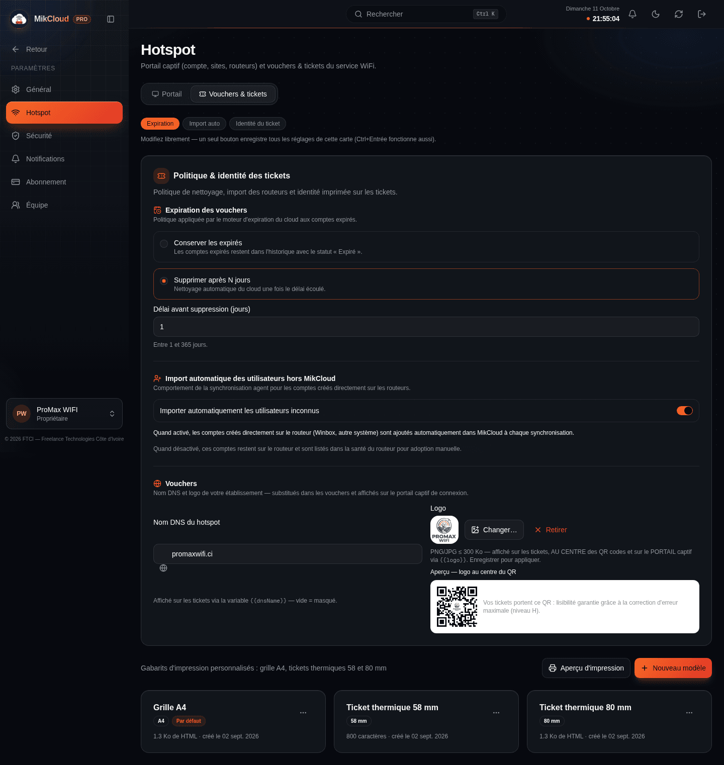Éditeur de modèles de tickets : gabarit d'impression des vouchers avec QR et mentions