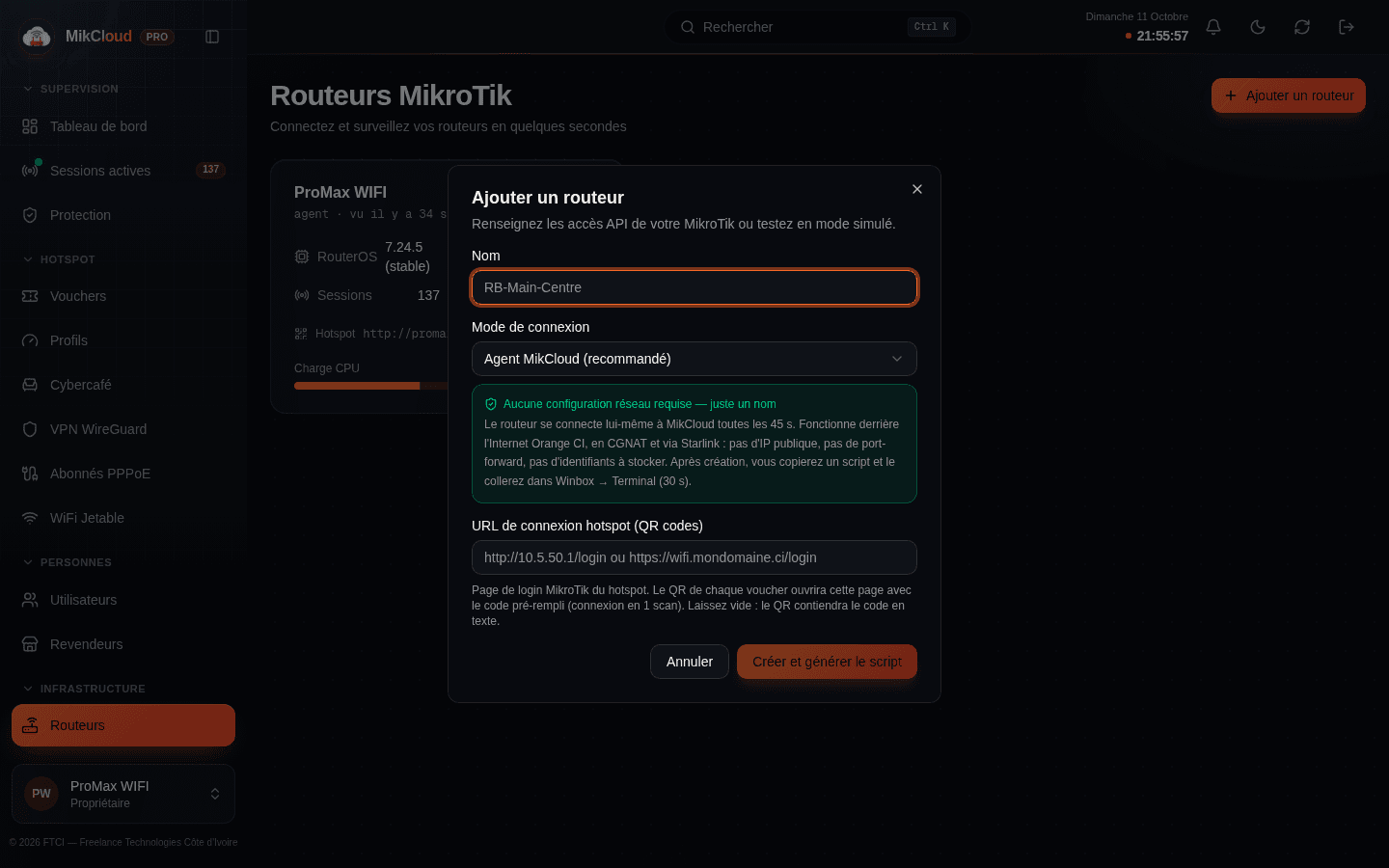 Dialogue « Ajouter un routeur » : nom, mode Agent 403Shield recommandé, URL de connexion hotspot pour les QR codes