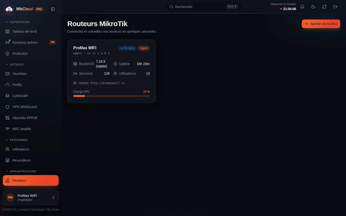 Liste des routeurs MikroTik : carte du routeur ProMax WIFI avec statut en ligne