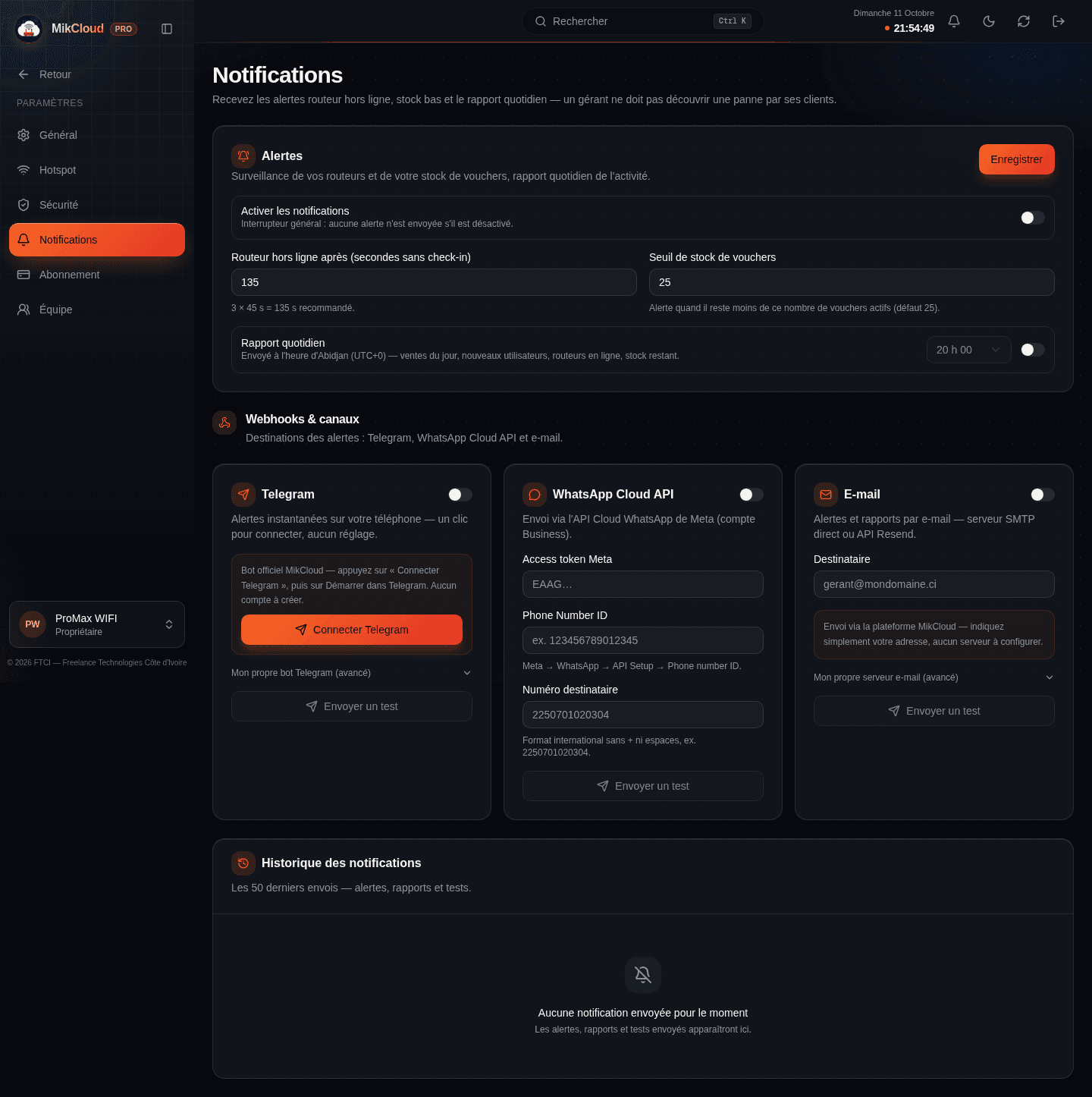 Paramètres Notifications : relais e-mail, appairage Telegram et types d'alertes