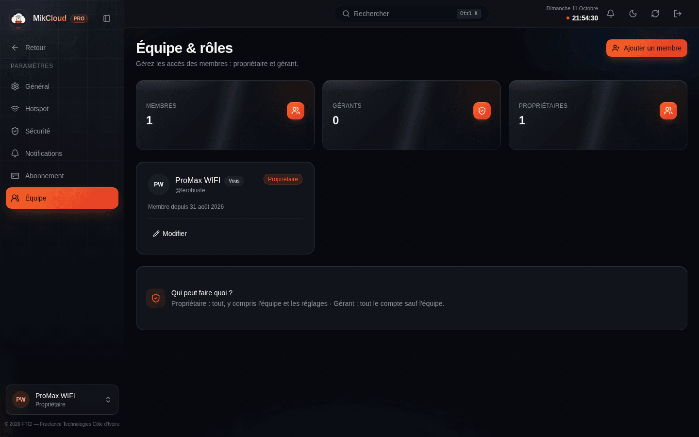 Paramètres Équipe : liste des membres, rôles et invitation
