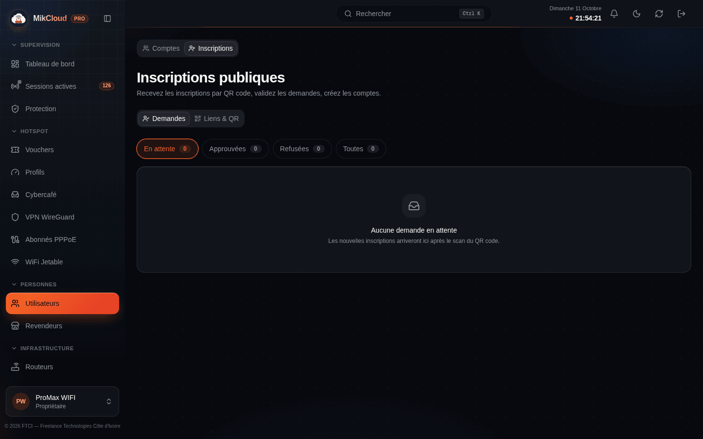 Vue Inscriptions : file des demandes publiques et gestion des liens et QR d'inscription