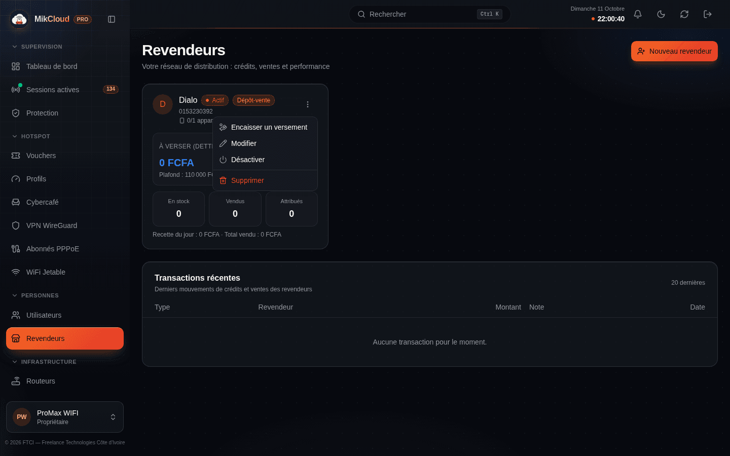 Menu d'actions d'un revendeur : Encaisser un versement, Modifier, Désactiver, Supprimer