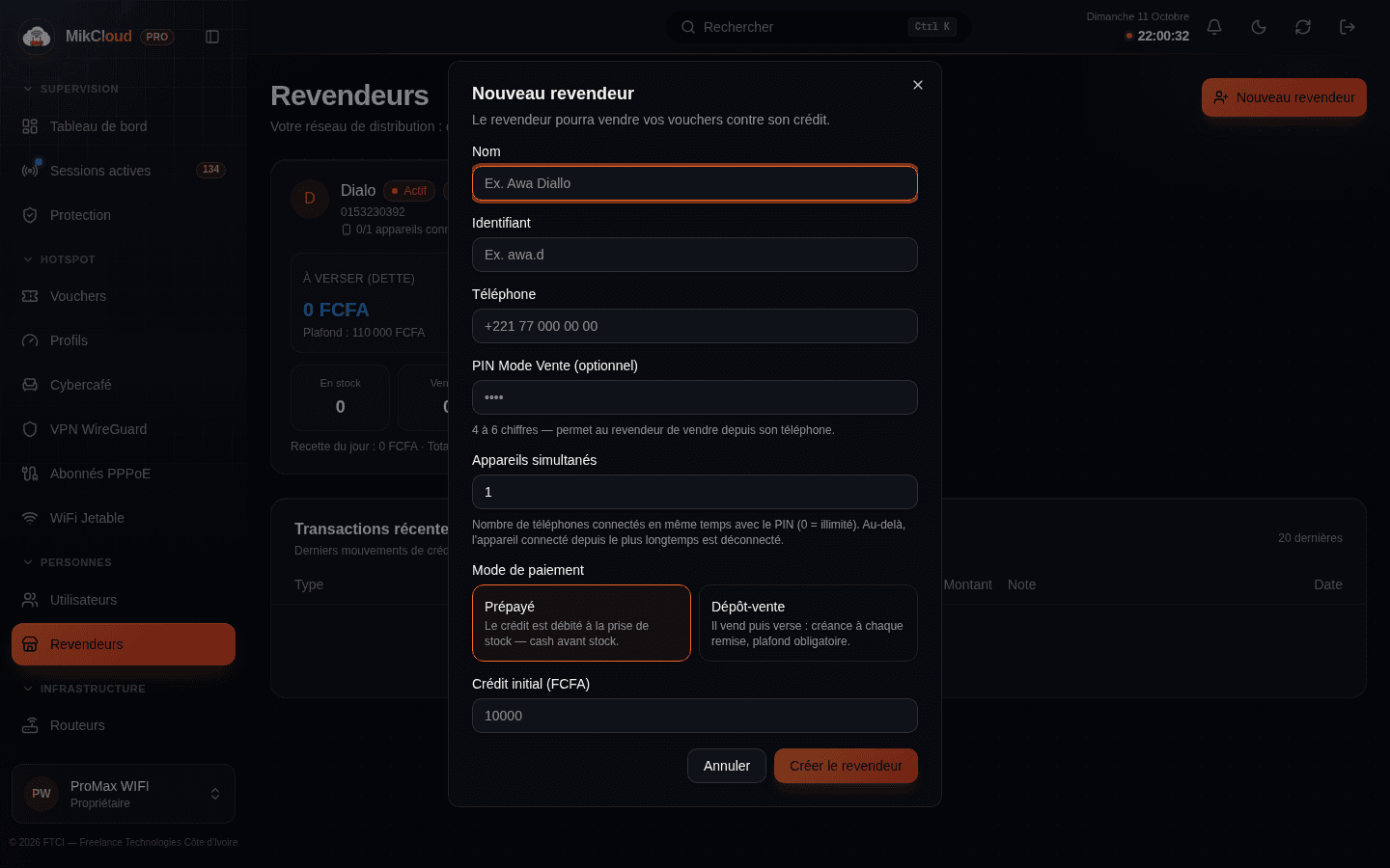 Dialogue de création d'un revendeur : nom et code PIN