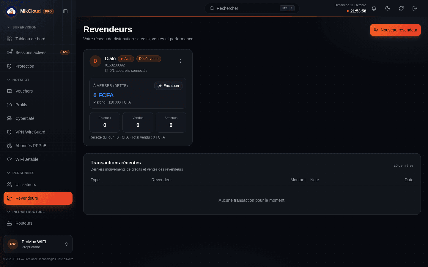 Vue Revendeurs : liste des revendeurs avec stock et solde, boutons Encaisser et actions