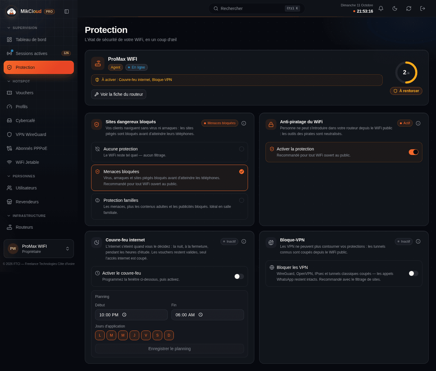 Vue Protection : cartes des boucliers SafeWiFi, Shield, FamilyGuard et AntiVPN avec états et statistiques